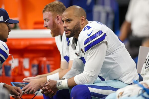 Nov 3, 2024; Atlanta, Georgia, USA; Dallas Cowboys quarterback Dak Prescott (4) on the bench against the Atlanta Falcons in the fourth quarter at Mercedes-Benz Stadium. Mandatory Credit: Brett Davis-Imagn Images