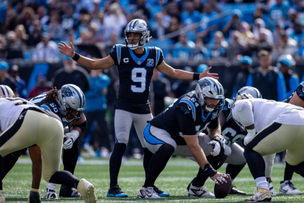 Nov 3, 2024; Charlotte, North Carolina, USA; Carolina Panthers quarterback Bryce Young (9) changes the play during the second quarter against the New Orleans Saints at Bank of America Stadium. Mandatory Credit: Scott Kinser-Imagn Images