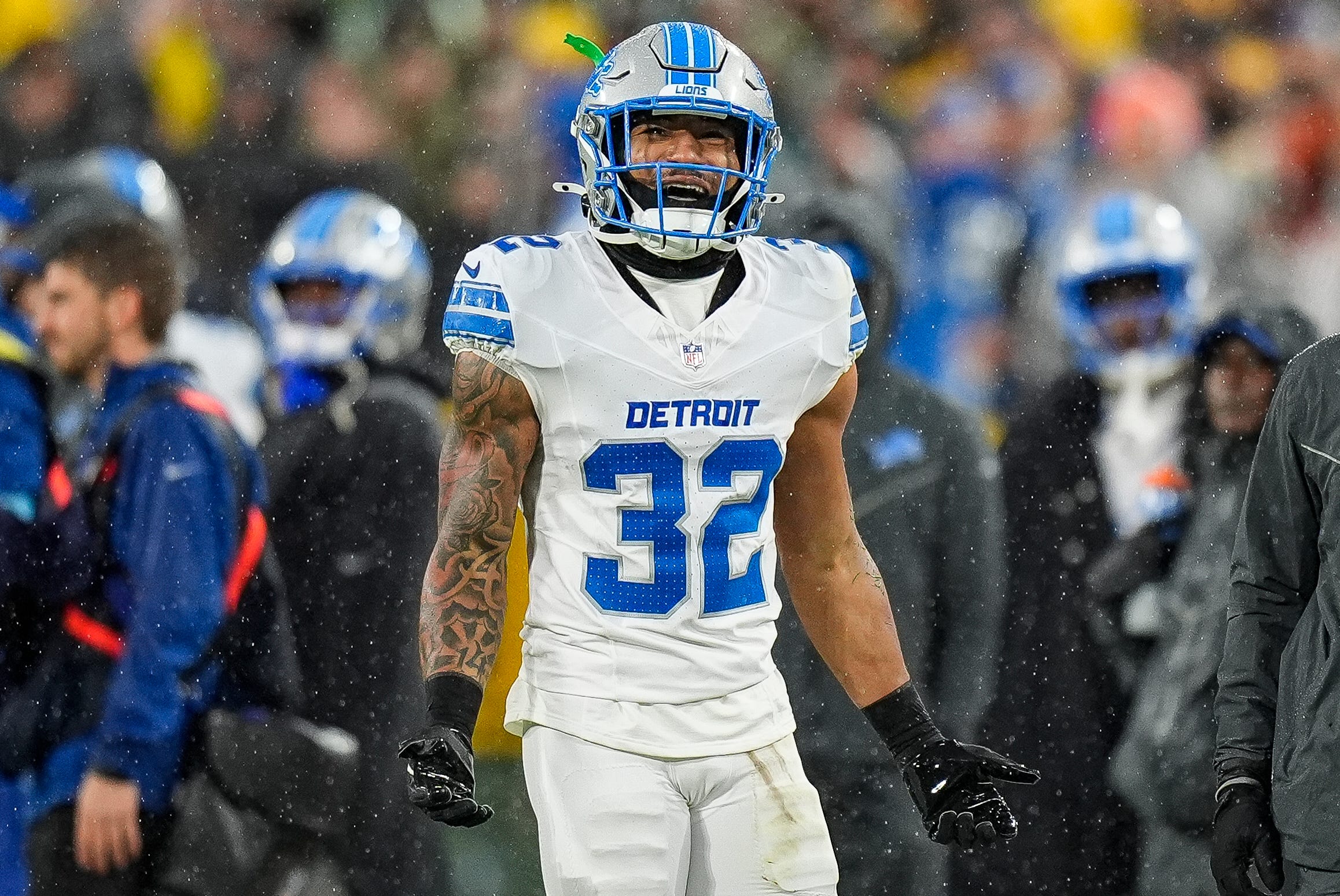 Detroit Lions safety Brian Branch reacts after being disqualified by the referee during the first half against Green Bay Packers at Lambeau Field in Green Bay, Wis. on Sunday, Nov. 3, 2024.