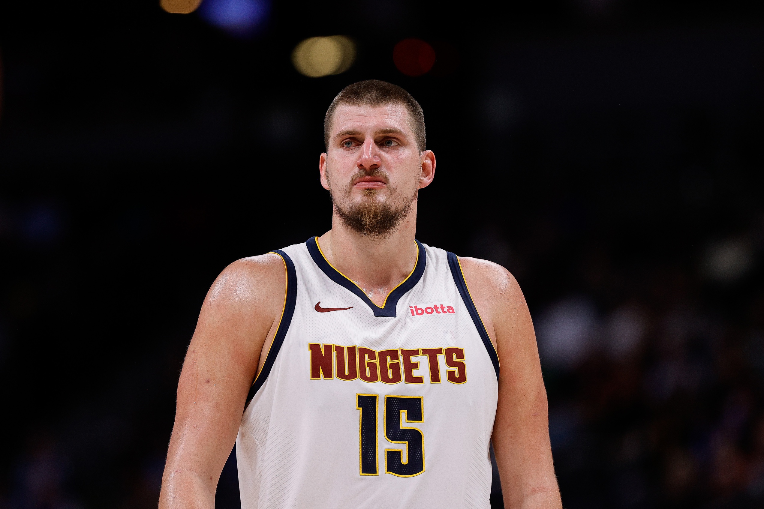 Nov 4, 2024; Denver, Colorado, USA; Denver Nuggets center Nikola Jokic (15) in the fourth quarter against the Toronto Raptors at Ball Arena. Mandatory Credit: Isaiah J. Downing-Imagn Images