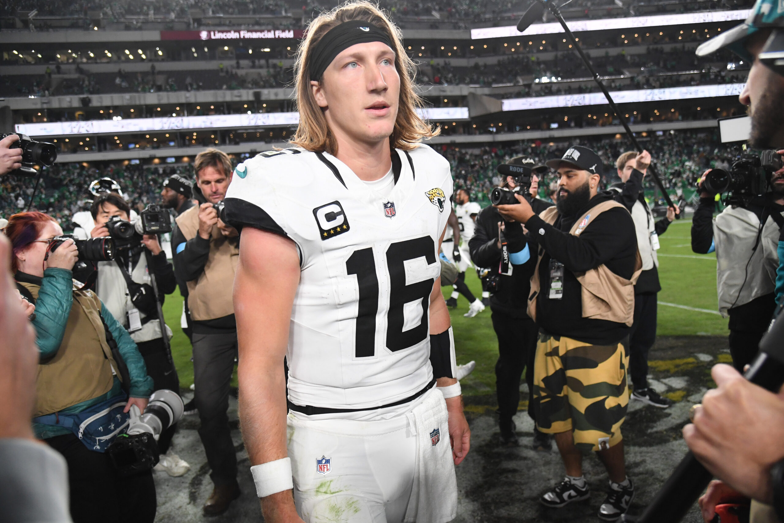 Nov 3, 2024; Philadelphia, Pennsylvania, USA; Jacksonville Jaguars quarterback Trevor Lawrence (16) on the field after loss to the Philadelphia Eagles at Lincoln Financial Field. Mandatory Credit: Eric Hartline-Imagn Images