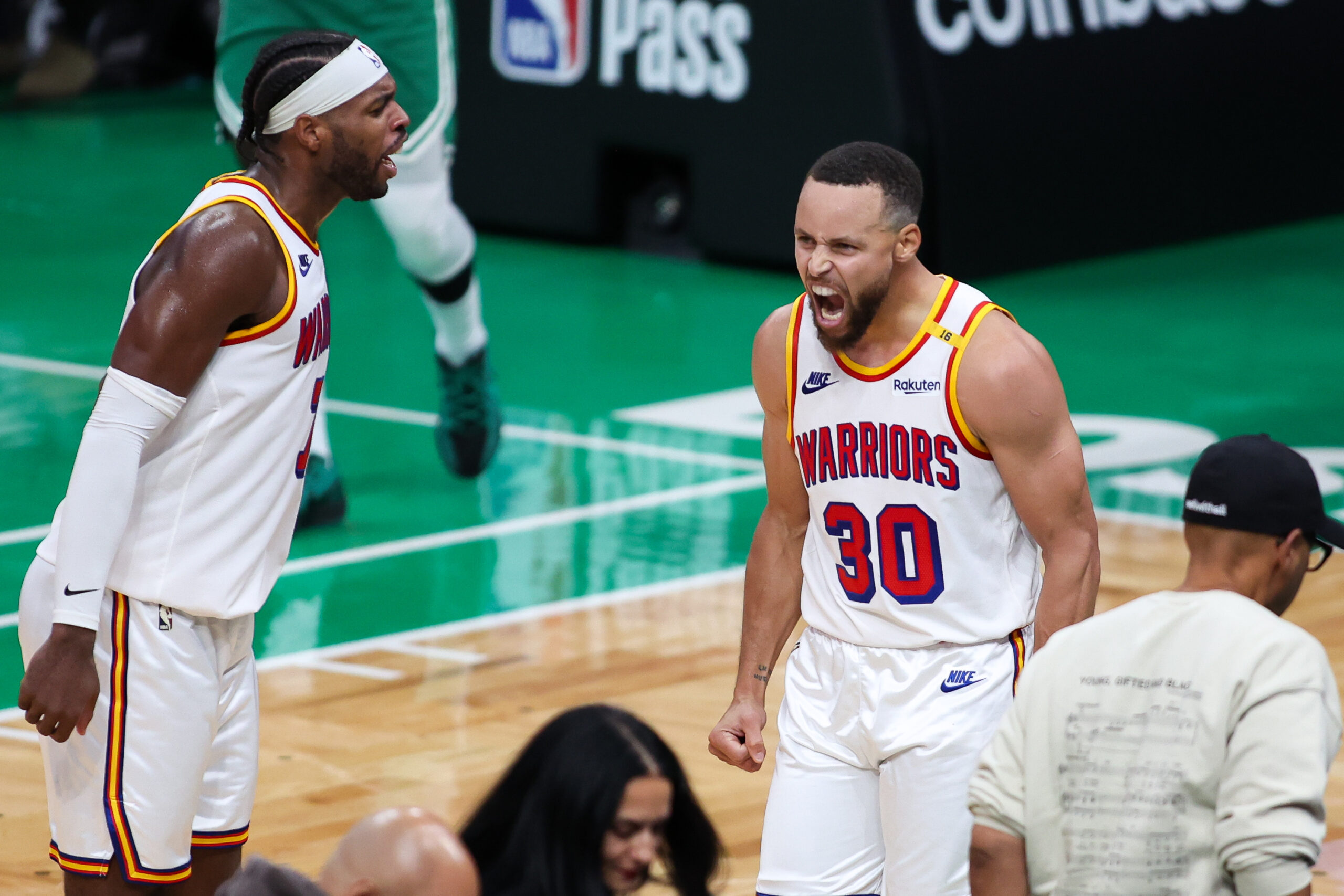 Nov 6, 2024; Boston, Massachusetts, USA; Golden State Warriors guard Stephen Curry (30) reacts during the second half against the Boston Celtics at TD Garden.