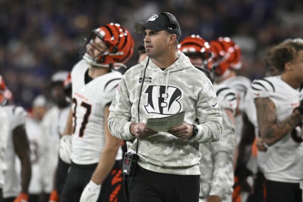 Nov 7, 2024; Baltimore, Maryland, USA; Cincinnati Bengals head coach Zac Taylor reacts during the first quarter against the Baltimore Ravens at M&T Bank Stadium. Mandatory Credit: Tommy Gilligan-Imagn Images