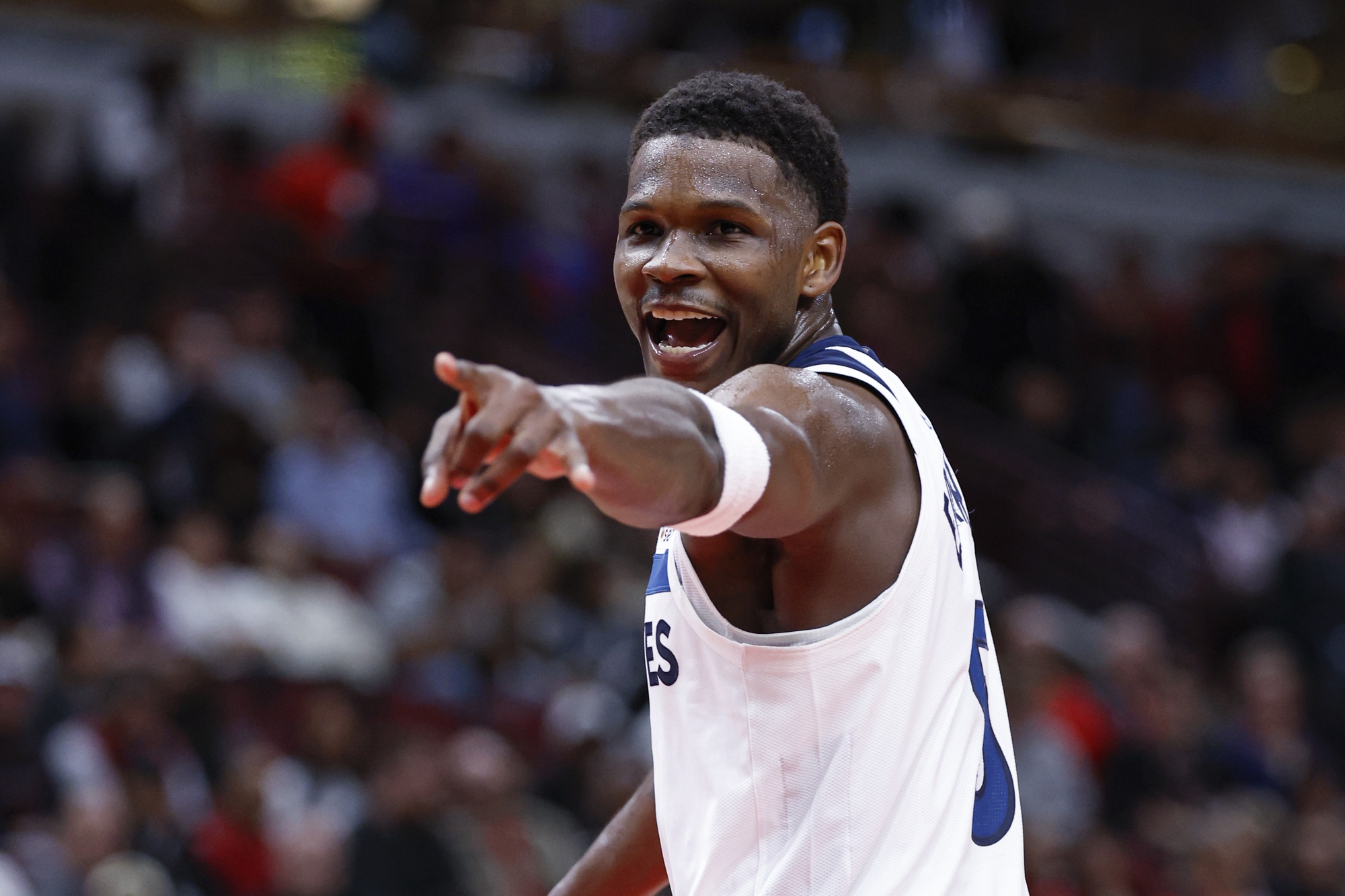 Nov 7, 2024; Chicago, Illinois, USA; Minnesota Timberwolves guard Anthony Edwards (5) reacts after scoring against the Chicago Bulls during the second half at United Center.