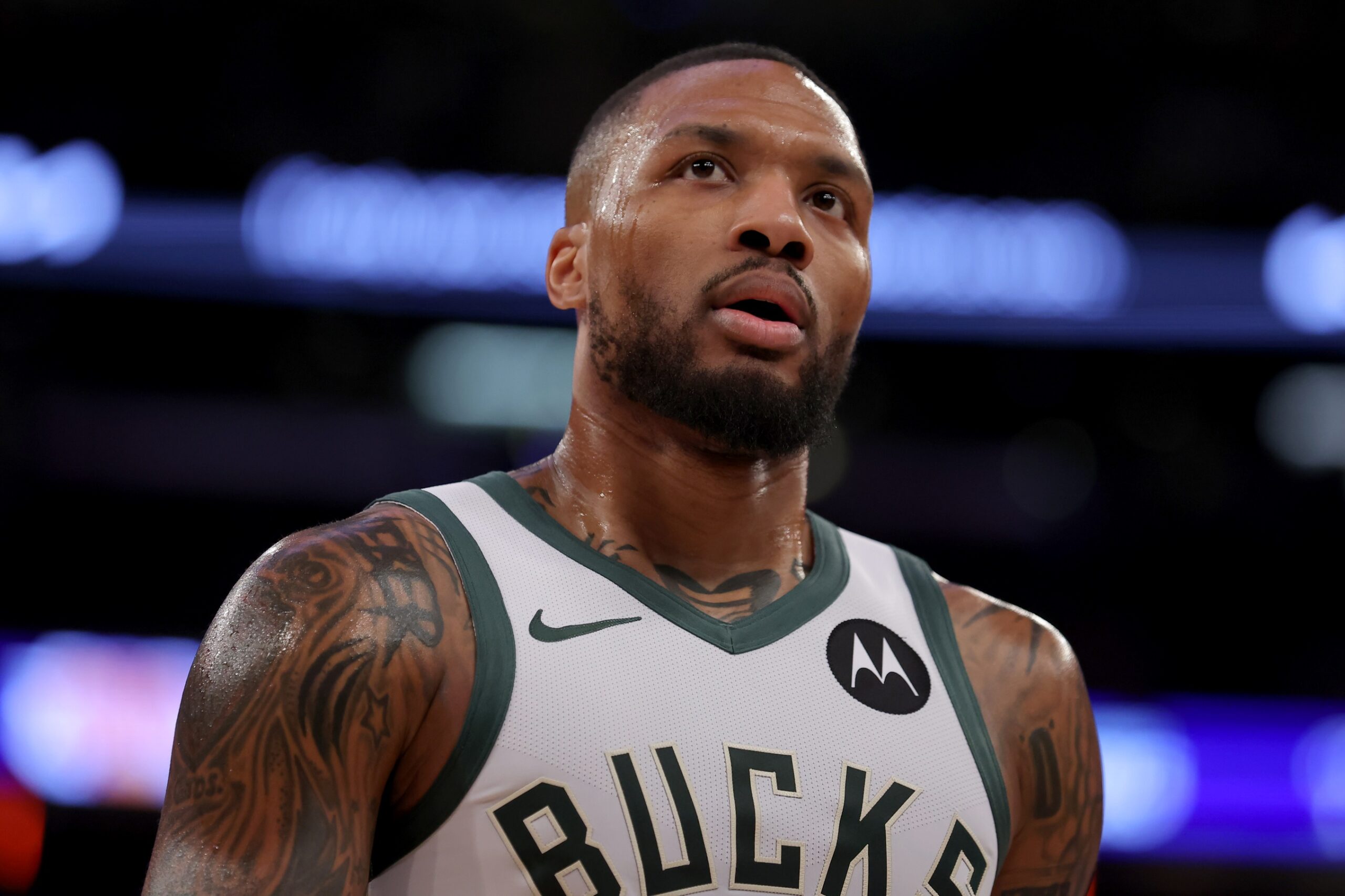 Nov 8, 2024; New York, New York, USA; Milwaukee Bucks guard Damian Lillard (0) reacts during the second quarter against the New York Knicks at Madison Square Garden. Mandatory Credit: Brad Penner-Imagn Images