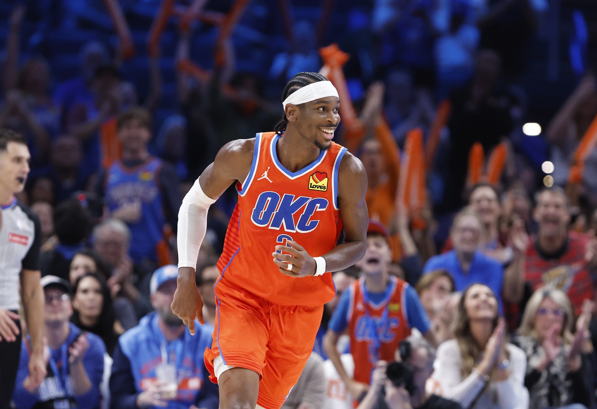 Nov 11, 2024; Oklahoma City, Oklahoma, USA; Oklahoma City Thunder guard Shai Gilgeous-Alexander (2) smiles after scoring against the Los Angeles Clippers during the fourth quarter at Paycom Center. Mandatory Credit: Alonzo Adams-Imagn Images