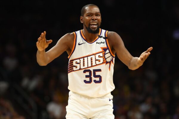 Oct 28, 2024; Phoenix, Arizona, USA; Phoenix Suns forward Kevin Durant (35) reacts to a play during the first half against the Los Angeles Lakers at Footprint Center.