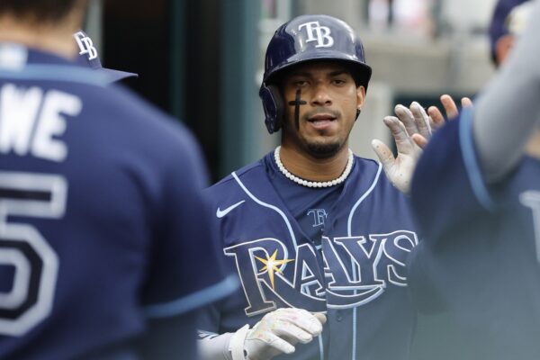 Wander Franco - Aug 6, 2023; Detroit, Michigan, USA; Tampa Bay Rays shortstop Wander Franco (5) receives congratulations from teammates after scoring in the sixth inning against the Detroit Tigers at Comerica Park.