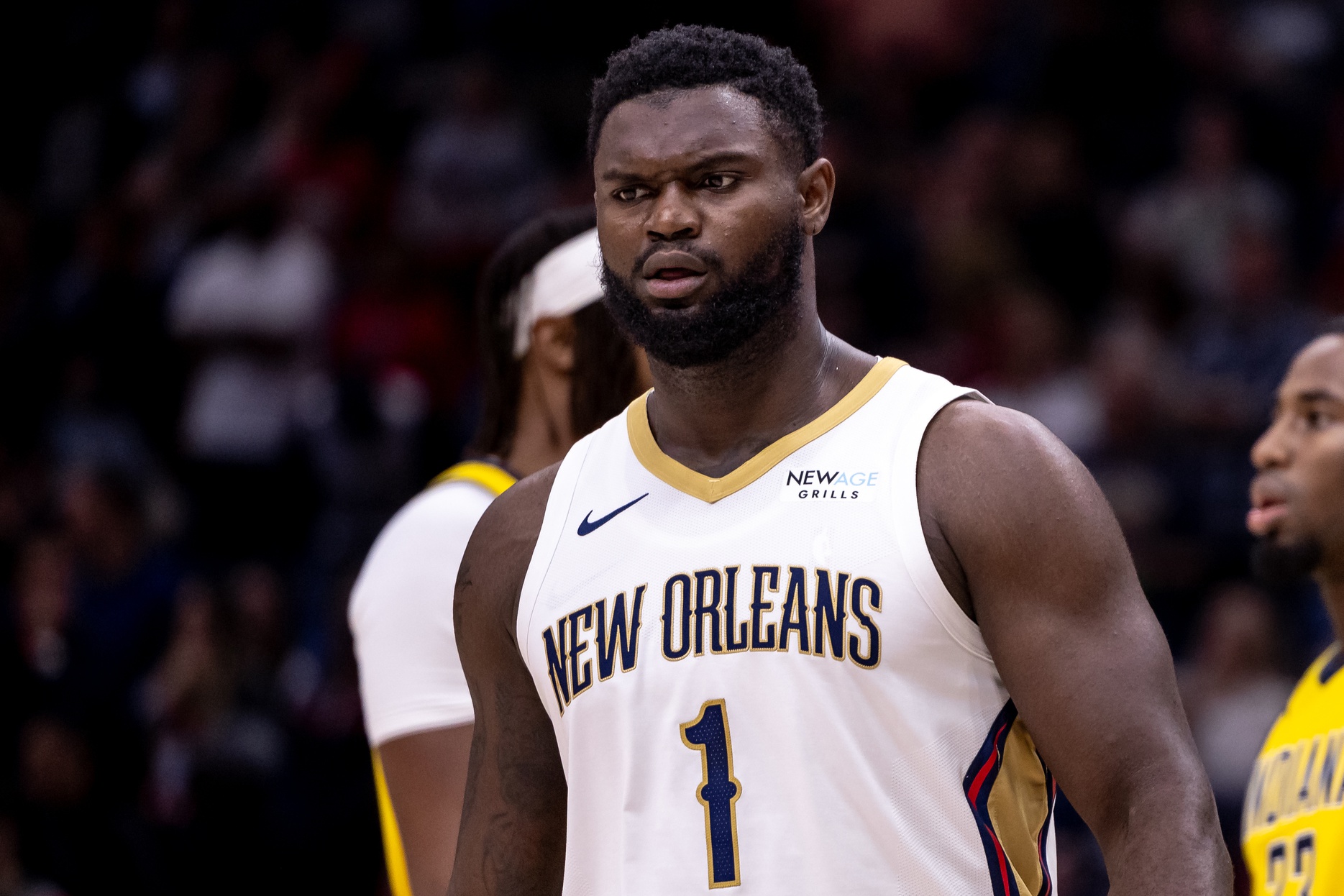 Nov 1, 2024; New Orleans, Louisiana, USA; New Orleans Pelicans forward Zion Williamson (1) looks on against the Indiana Pacers during the first half at Smoothie King Center